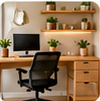 Home office com mesa de madeira, monitor, cadeira preta e prateleiras com plantas