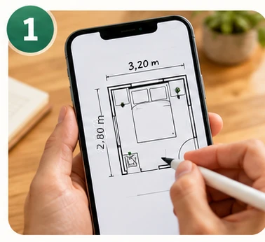 Mão desenhando a planta do quarto no celular, com as medidas 3,20 m e 2,80 m