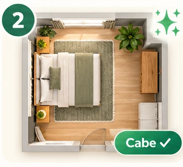 Planta do quarto vista de cima com os móveis e o selo Cabe