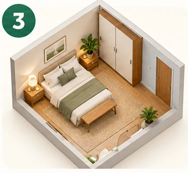 O mesmo quarto em 3D, de um canto, com cama, guarda-roupa e tapete