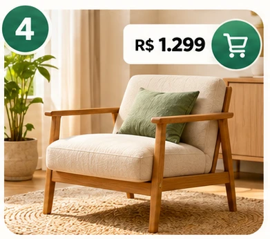 Poltrona de madeira com almofada verde, o preço R$ 1.299 e o carrinho da loja